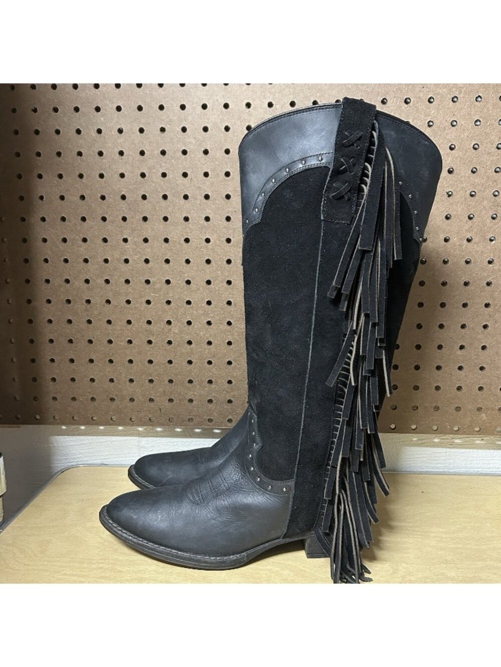 Sheryl Crow Bronco Black Leather Boots Fringe Size 8 Cowgirl Western Side Zip